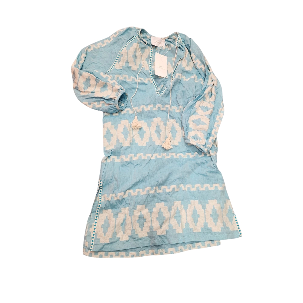 Hermes Pattern  Blue and White V-Neck Resort Dress with Long Bishop Sleeves